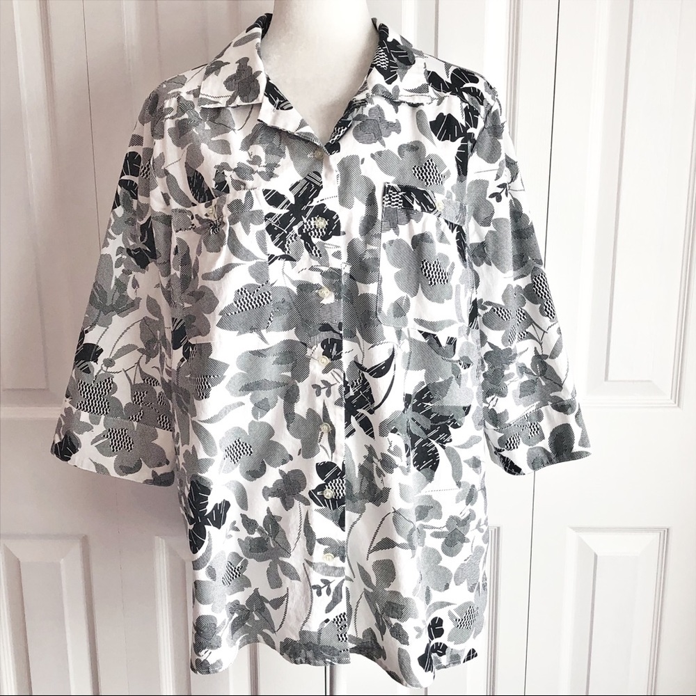 Ellos Black & White Floral Leaf Print Linen Blend Button Up Blouse 16W